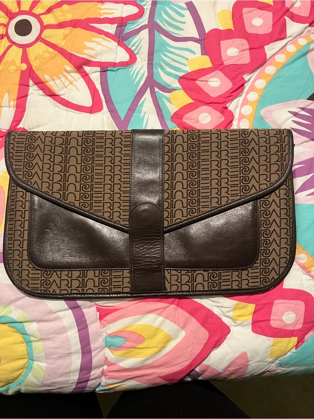 Pierre Cardin vintage Brown Monogram Clutch Bag with Dark Brown Leather Trim